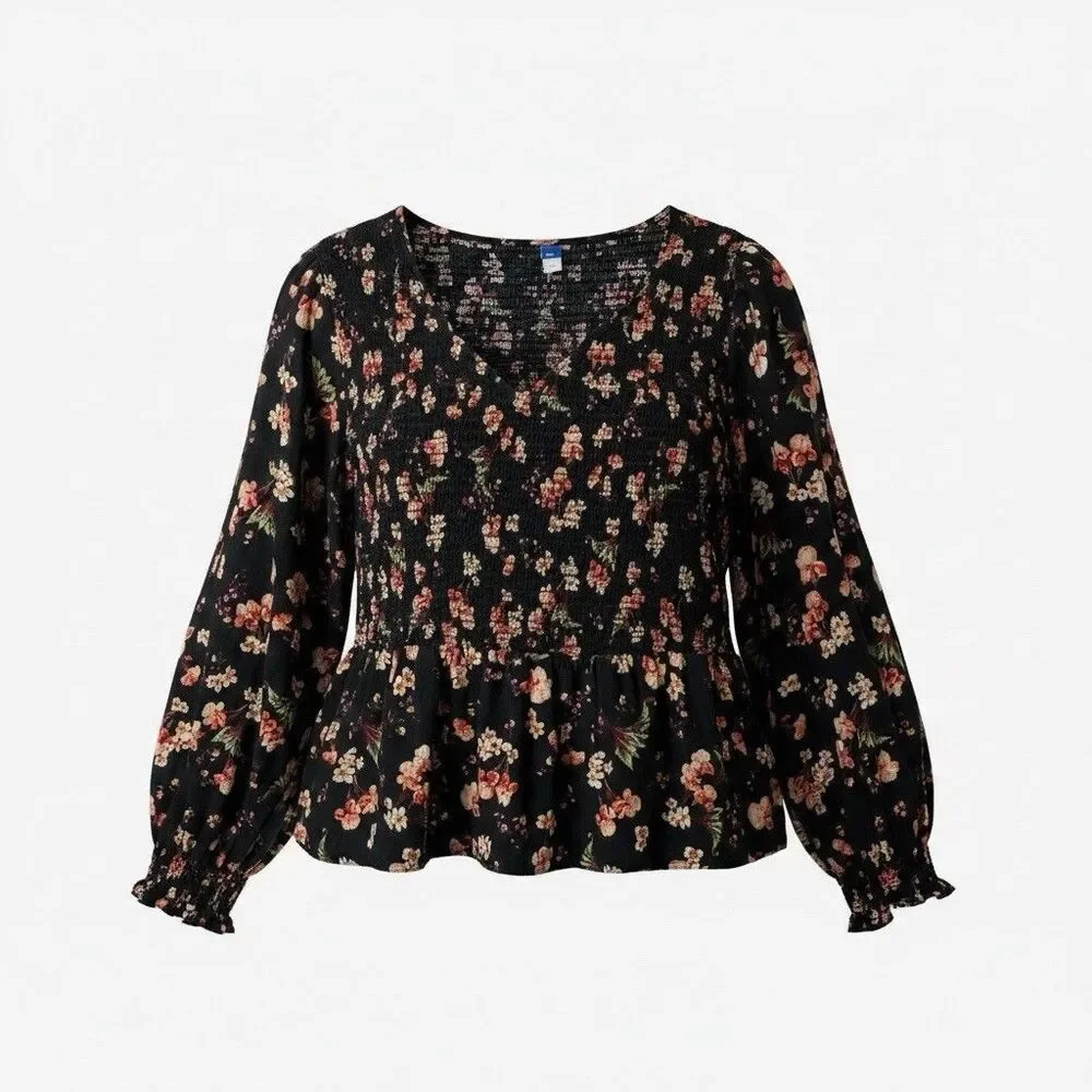 Old Navy Smocked Peplum Hem Top Womens Size 4X Black Floral V-Neck Long Sleeve
